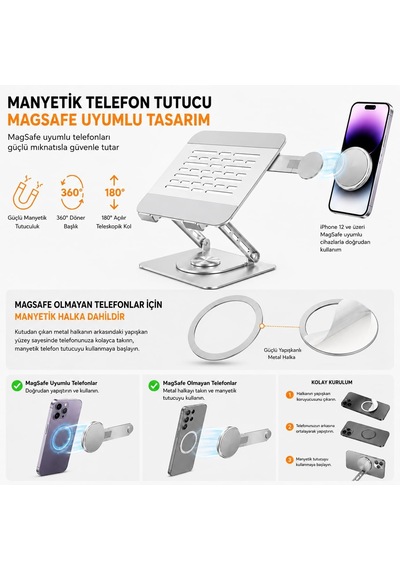 Lexroo Laptop Stand Karbon Çelik 360 Döner Ergonomik Yükseklik Ayarlı Soğutucu Magsafe Uyumlu