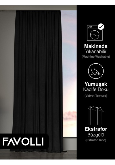 Br Favolli Kadife Dokulu Siyah Ada Fon Perde Ekstrafor Büzgülü Dream Series Siyah