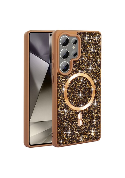Maks Technology Galaxy Uyumlu S26 Ultra Kılıf Pırlanta Tasarımlı M-safe Şarj Özellikli Mkst Mozaik Silikon Kapak - Desert Titanyum