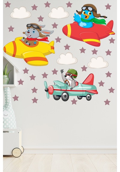 Sevimli Pilot Hayvanlar ve Yıldızlar Çocuk Odası Duvar Sticker