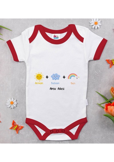Bk Gift Bk Kids Kişiye Özel Annem Babam Ben Tasarımlı Kırmızı Bebek Body Zıbın-1 Çok Renkli