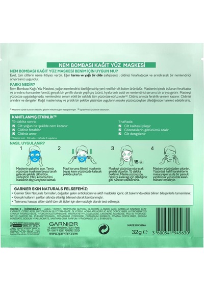 Garnier Nem Bombası Ferahlatıcı Kağıt Maske 28Gr 3 Al 2 Öde