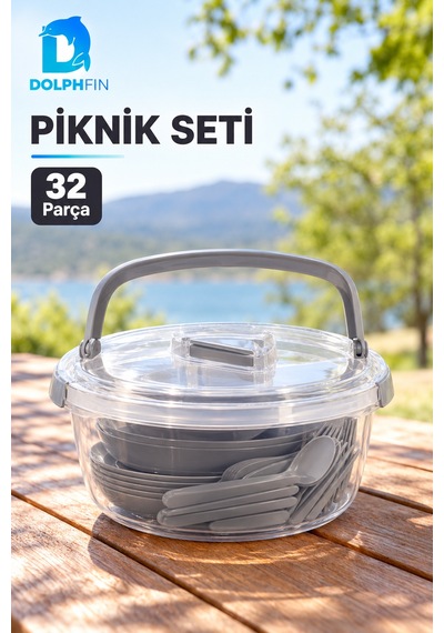 Piknik Seti 32 Parça Taşıma Kutulu Plastik Tabak Çatal Kaşık Kamp Seti Çok renkli
