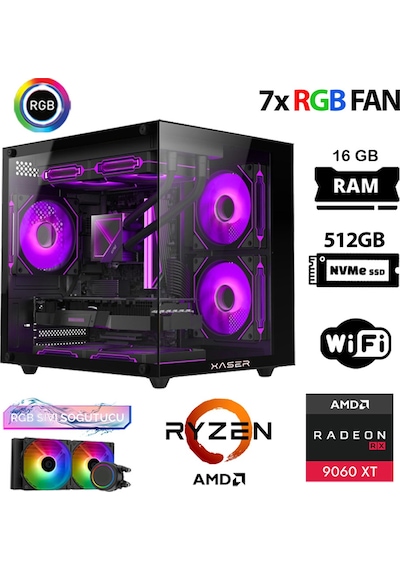 Xaser ECO-X90 Ryzen 7 5700X 16 GB 512 GB M.2 NVMe SSD 16 GB RX9060XT Free Dos Masaüstü Oyuncu Bilgisayarı