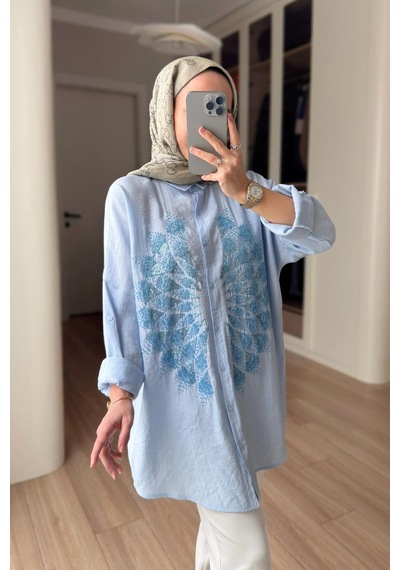 Kahijab Rose Boncuk İşlemeli Gömlek - Mavi