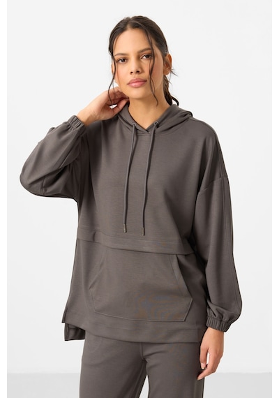 Tommylife Koyu Gri Yumuşak Dokulu Kapüşonlu Oversize Kadın Eşofman Tunik Takım - 95348 Koyu Gri