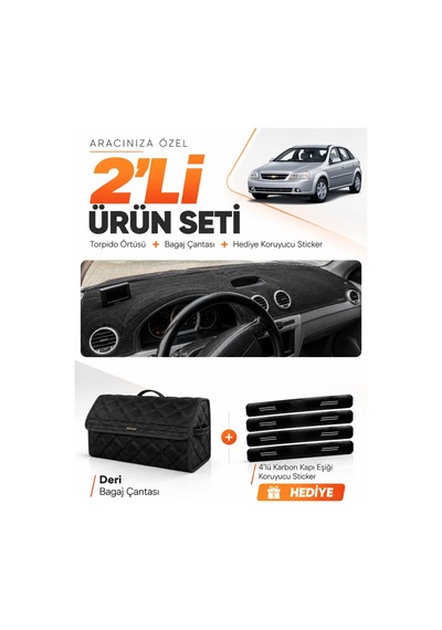 Chevrolet Lacetti 2002-2009 Uyumlu Torpido Örtüsü + Deri Bagaj Çantası + Sticker Seti - Siyah