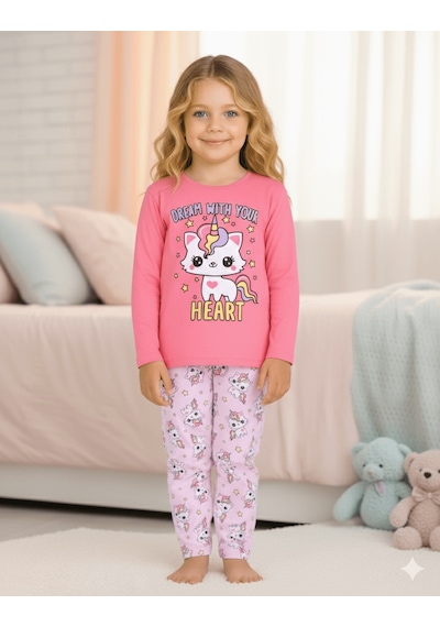 Kız Çocuk Uzun Kollu %100 Pamuklu Pijama Takımı Unicat Şeker Pembe