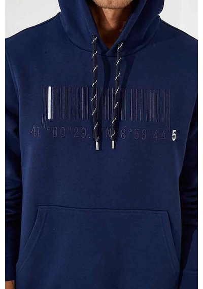 Tommy Life İndigo Nakışlı Kanguru Cep Standart Kalıp Kapüşonlu Erkek Sweatshirt - 87839 Indıgo