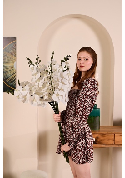 Beyaz Yapay Orkide Çiçeği Tek Dal Premium Canlı Islak Dokulu 98 Cm