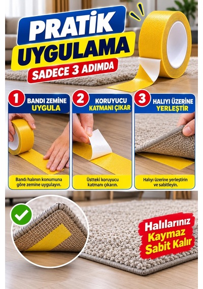 Çift Taraflı Halı Kaydırmaz Bant 25 Mm 5 Metre Bez Yapılı Halı Sabitleme Bandı