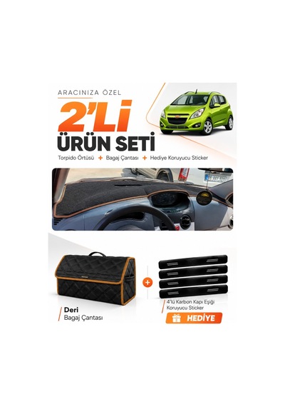 Chevrolet Spark 2009-2015 Uyumlu Torpido Örtüsü + Deri Bagaj Çantası + Sticker - Siyah Kahverengi