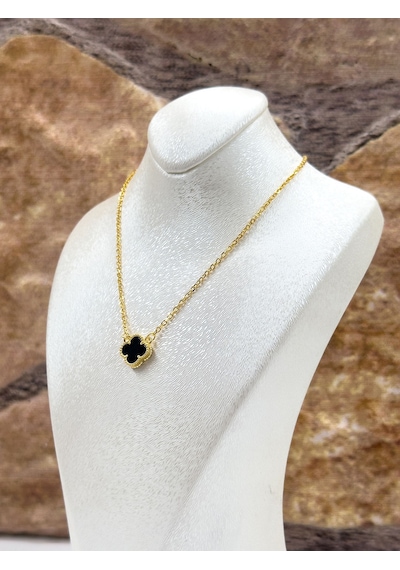Gold Renk Siyah Onix Taşlı Yonca Kadın Gümüş Kolye - Onix Kolye Gümüş