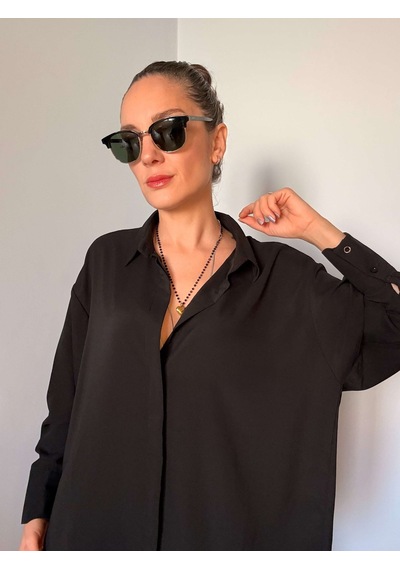 Ali Butik Siyah Gizli Düğmeli Oversize Saten Gömlek Siyah