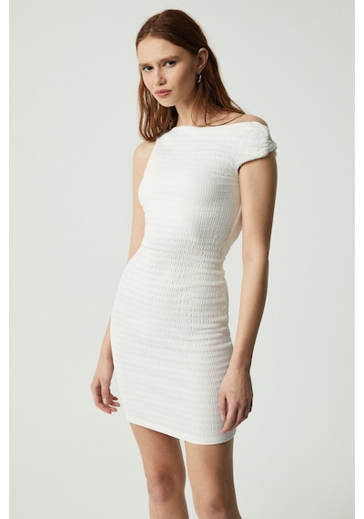 Ethıquet INNSA Kadın Bürümcük 3 boyutlu Kumaşlı Tek Omuzlu Bodycon Ekru Elbise