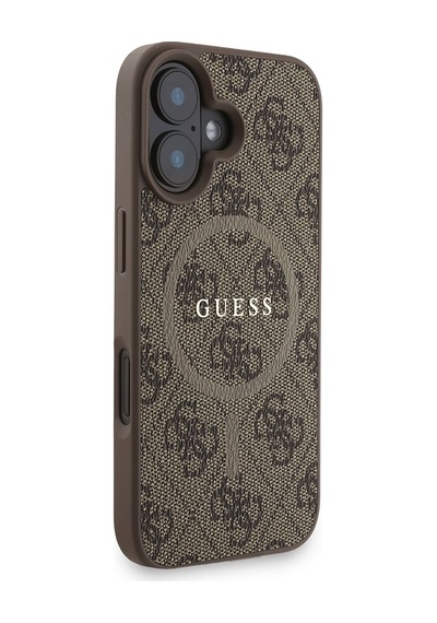 Apple iPhone 16 Plus Uyumlu Kılıf Guess Lisanslı M safe Bilek Askı İpli Yazı Logolu Kapak Kahve