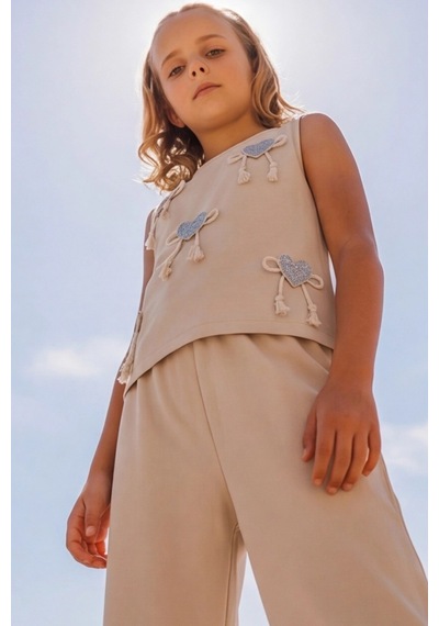 Fesshera Kids Kız Çocuk Takım Kalpli Fiyonk Desenli Üst Ve Beli Lastikli Pantolon Alt Ve Üst Bej