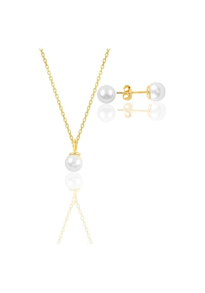 Gümüş Altın Yaldızlı İncili Kolye Ve Küpe İkili Set