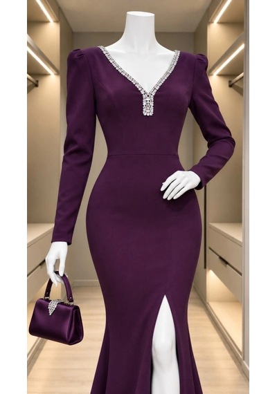 Defymoda Kadın V Yaka Kristal Taş İşlemeli Vatkalı/büzgülü Omuz Yırtmaçlı Balık Abiye Elbise Mor Defymoda Kadın V Yaka Kristal Taş İşlemeli Vatkalı/büzgülü Omuz Yırtmaçlı Balık Abiye Elbise Mor