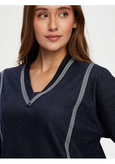 Faik Sönmez V Yaka Ters Dikiş Detaylı Sweatshirt W26swt002 Uw26swt00227 İndigo