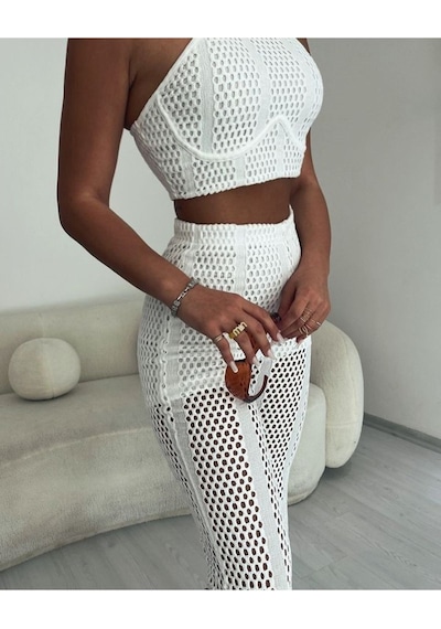 Fashion Cocktail Kısa Astarlı Fileli Lastik Bel Dar Kombin Modern Pantolon Beyaz