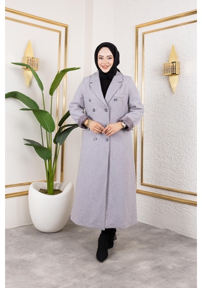 Hb Harma Time Butik Kadın Astarlı Düğmeli Cepli Uzun Gri Kaşe Kaban Açık Gri