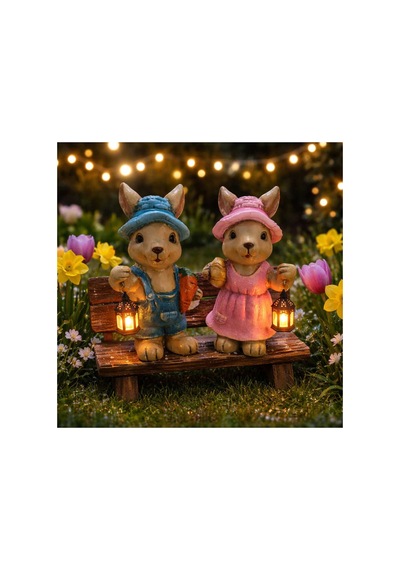 Led Fenerli Sevimli Tavşan Biblo Seti Bahçe & Balkon Işıklı Polyester Tavşan Figür 2 Li Set