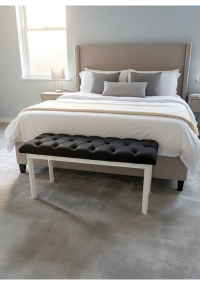 Loft Kapitone Döşeme Beyaz Metal Ayaklı Puf & Bench - 105x40 Cm Siyah