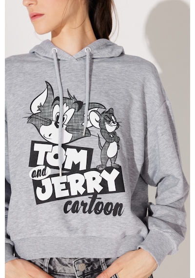 Regular Fit Normal Kesim Kapüşonlu Gri Melanj Tom Ve Jerry Baskılı Sweatshirt L231211035 Gri