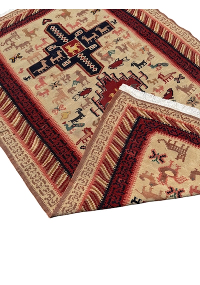 El Dokuma Sıfır İran Şiraz Kilimi 102x160 Krem Yün İnce Kilim