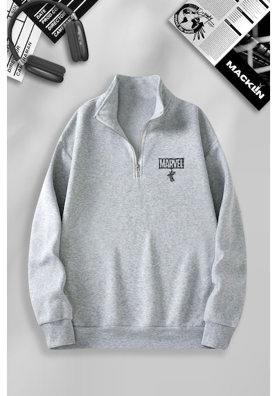 Macklin Unisex Kadın Erkek Marvel Spiderman Baskılı Yarım Fermuarlı Dik Yaka Basic Sweatshirt Gri Mck0610 Gri