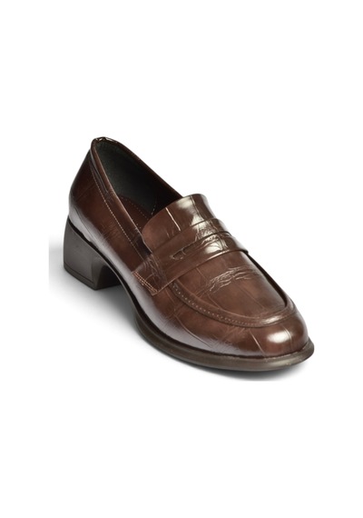 Fox Shoes Z820066211 Kahverengi Kroko Baskılı Kalın Topuklu Loafer Ayakkabı