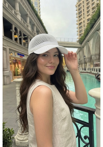Mollycrush Simli Ajurlu Kep Şapka Günlük Yazlık Tarz Beyaz Kadın Delikli Triko Beyaz