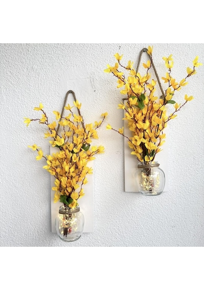 Led Işıklı, Sarı Sakura Çiçekli Duvar Dekoru Beyaz İkili Set Beyaz