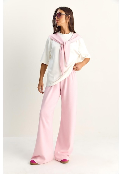 Shade Kadın Şal Detaylı Basic T-shirt Beli Lastikli Bol Pantolon Alt-üst Modal Takım 4116 60286084 - Pembe-beyaz Çok Renkli