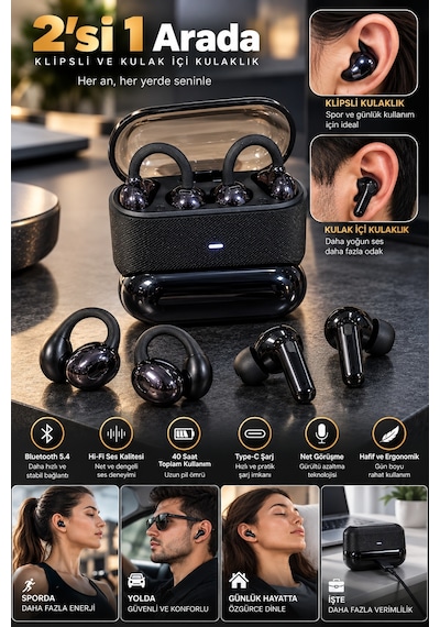 Kablosuz Bluetooth Kulaklık 2 Si 1 Arada Klipsli Kulak İçi 4 Lü Siyah - Lisinya
