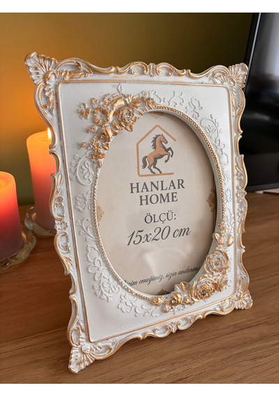 Güllü Barok Dikdörtgen Fotoğraf Çerçevesi Beyaz & Eskitme Altın 15x20 Cm