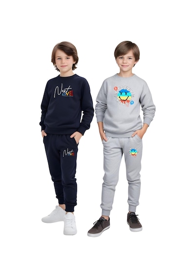 Fyk Kids 2'li Erkek Çocuk Yuvarlak Yaka Baskı Detaylı Eşofman Takımı Lacivert - Gri