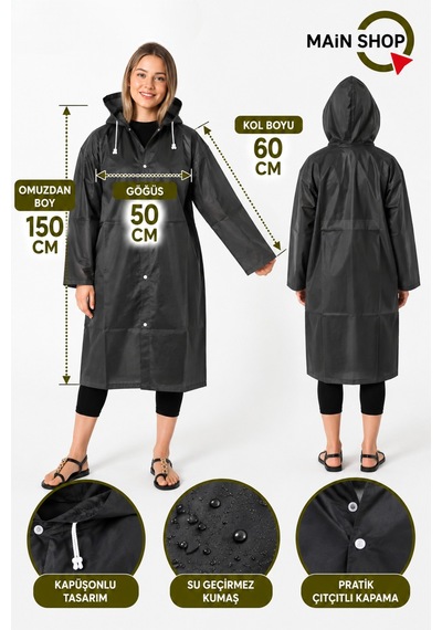 Mainshop Unisex Yağmurluk Kapüşonlu Çıtçıtlı Su Geçirmez Uzun Yağmurluk Kadın Erkek Siyah