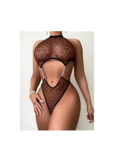 Nimselove Kadın Leopar Desen Zincirli Kahverengi Babydoll