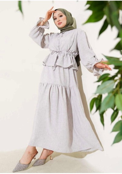 Lovie Moda Kadın Bel Büzgülü Takım Açık Gri
