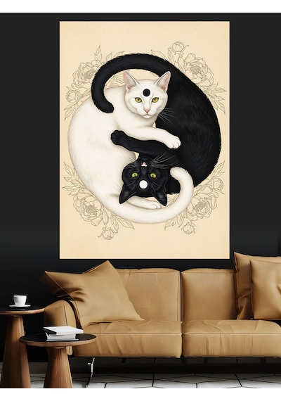 Ahşap Tablo Yin Yang Kedi Felsefesi Çocuk Odası Tabloları