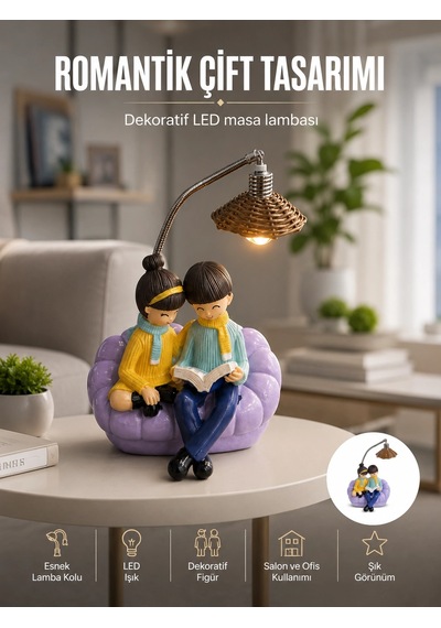 Romantik Çift Figürlü Okuyan Çift Masa Lambası Dekoratif Led Aydınlatma Antrasit Melanj