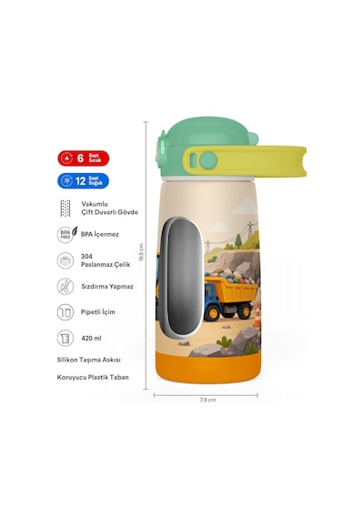 Puccon Erkek Çocuk Yeşil Sarı İş Makinesi Desenli 420 Ml Pipetli Çelik Matara Termos Sızdırma Yapmaz 60040 Çok Renkli