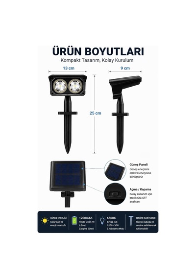 Solar Bahçe Lambası 2w Smd Led, Toprak Çubuklu, Güneş Enerjili Bahçe Aydınlatma, 6500k Beyaz Işık, Karanlık Sensörlü, 200 Lümen, Çim Lambası, Pt-b211