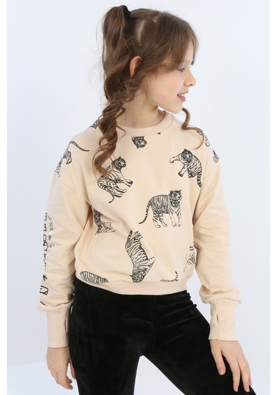 Toontoy Kız Çocuk Tiger Trend Baskılı Sweatshirt Bej