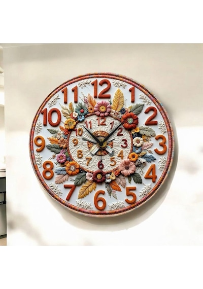 AA Shop Çiçek Kabartma Görünümlü Renkli Baskı Desenli Sayılı Hediyelik Ahşap Sessiz Duvar Saati 50cm ÇOk Renkli