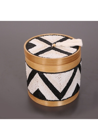 Bali Boncuklu Bambu Saklama Kutusu M 17x17 Cm Beyaz