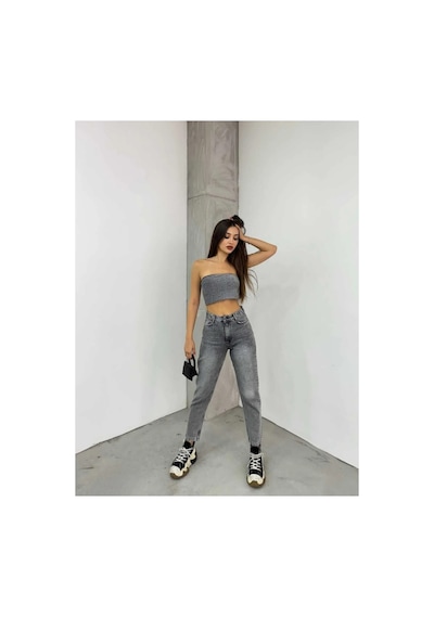 Kene Jeans Gri Kar Kemer Apolet Detaylı Mom Jeans Gri Kar