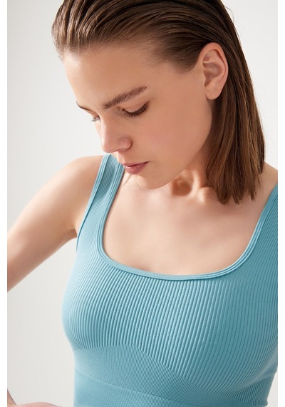 Los Ojos Kadın Mavi Askılı Fitilli Kare Yaka Crop Top Büstiyer Square Mavi